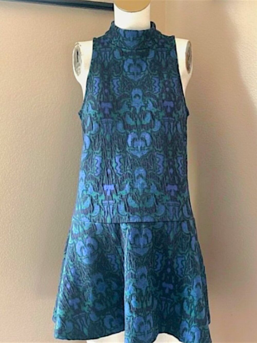 Free People Amelia Mini Dress Small Blue Damask Floral Boho Mock Neck Drop Waist